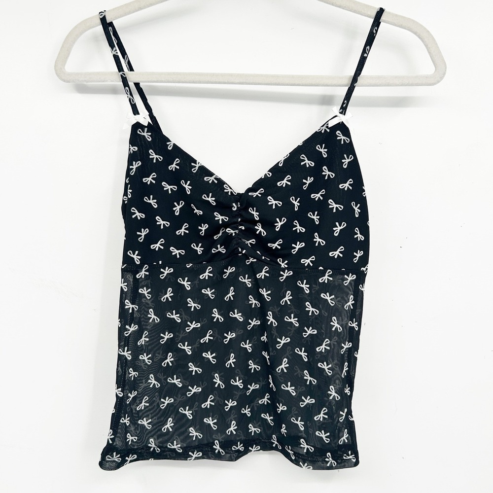 Rebellious Dreamer Womens Bow Print Mesh Ruched Coquette Cami Top M Black White